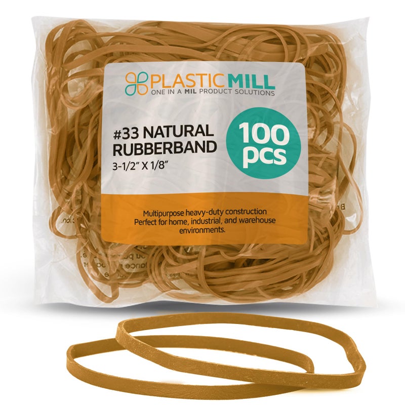 PlasticMill Plastic Mill Rubber Bands Thick Size #33 | Natural Durable RubberBands 100 Count /pack | 3 1/2 x 1/8" Multi-Purpose Band | Elastics large Long Rubber for Office Supply, File Folders, box, Books, gifts, Notebook| - Image 1